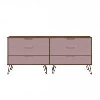 Manhattan Comfort 155GMC6 Rockefeller 6-Drawer Double Low Dresser with Metal Legs in Native and Rose Pink